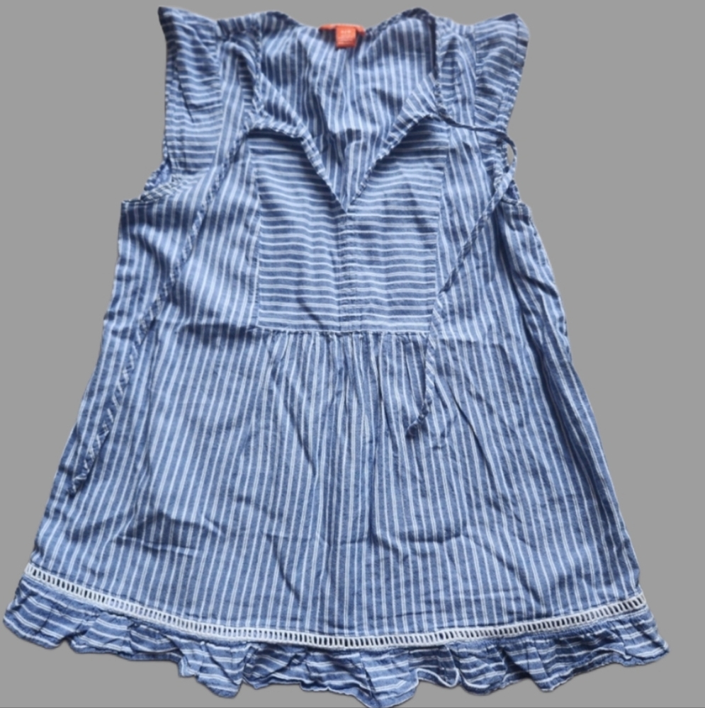 Blue small oversized Striped Sleeveless‎ Top with flutter trim